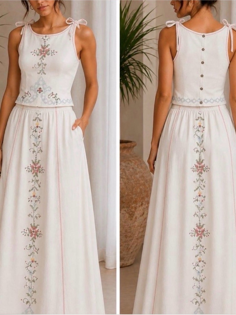 Camila Coelho Cream Embroidered Maxi skirt and top with Pastel Floral Accents